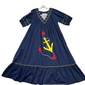 Vintage 1970s Go Softly Nautical Patio / Peasant Cotton Dress Women’s L HTF